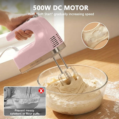 9-Speed Digital Hand Mixer Electric Handheld, 500W DC Motor | Kitchen Mixer for Cake Baking, Lightweight Egg Beaters with Stain-Resistant & Waterproof Storage Bag & 6 Accessories, Pink7