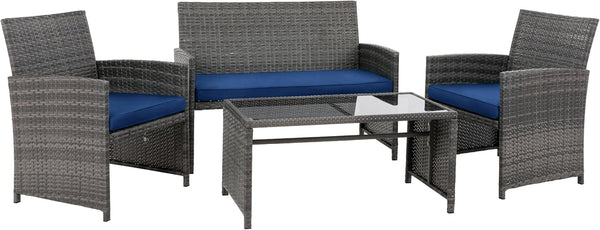 4 Piece Patio Ratten Set Outdoor Furniture Set Wicker Conversation Set with Cushions and Tempered Glass Tabletop,Deep Blue7
