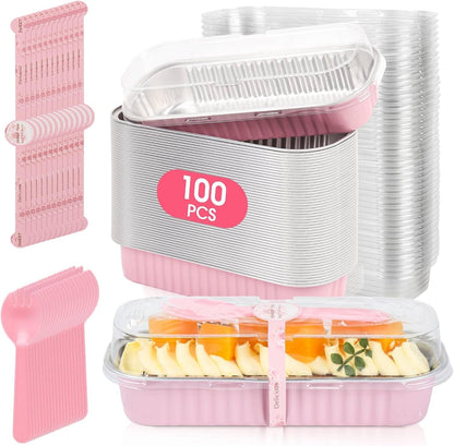 100 Pack Mini Cake Pans with Lids and Spoons, Disposable Aluminum Foil Cake Tins（6.8Oz） Individual Small Cake Baking Containers for Party, Wedding, Birthday1
