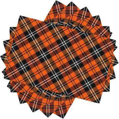 Plaid Placemat Set, Thanksgiving Halloween Orange Black Buffalo Check Pattern Home Decor Linen Table Mats for Dining Room Kitchens Party Cafe Festive Banquet Wedding Decor, 18" L X 12" W【6 PCS】1