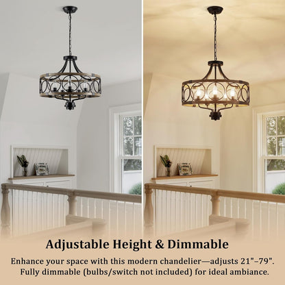 Rustic Drum Chandelier, 5-Light Black and Imitation Wood Farmhouse Ceiling Light Fixture, round Wood Grain Finish, Adjustable Height, for Dining Room, Hallway5