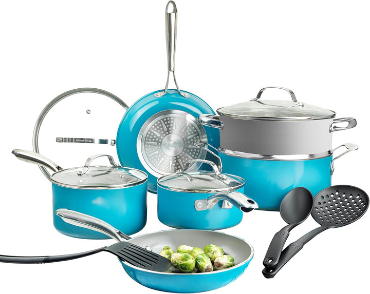 15 Pc Ceramic Cookware Set, Ceramic Pots and Pans Set Non Stick with Cooking Utensils and Steamer, Non Toxic PFOA PFOS Free, Premium Stay Cool Handles, Oven & Dishwasher Safe, Blue