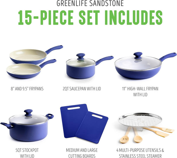 Sandstone Healthy Ceramic Nonstick, 15 Piece Kitchen Cookware Pots and Frying Sauce Pans Set, PFAS- Free, Dishwasher Safe, Blue3