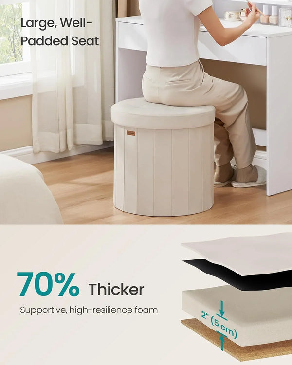 SONGMICS Mazie Collection - round Storage Ottoman, Folding Footrest Stool with Removable Lid, Easy Assembly, Velvet Vanity Stool for Bedroom, Living Room, Entryway, Cappuccino Beige ULSF608L014