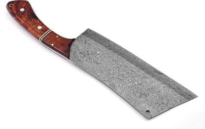 12 Inches Long Damascus Steel Blade Meat Cleaver with Leather Sheath, Hand Forged Rain Drop Pattern Damascus Steel Blade Kitchen Chopper, Natural Walnut Wood Scale with Red Fiber Spacing6