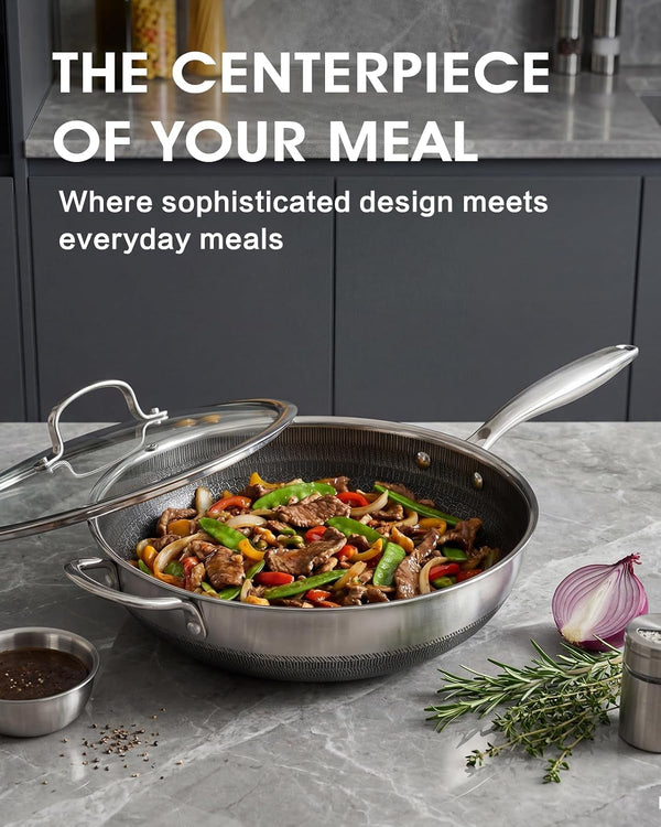 Wok Pan,Hybrid 12 Inch Wok with Lid Stainless Steel Wok | PFOA Free,Non Stick,Stainless Steel,Oven Safe,Compatible with All Cooktops.9