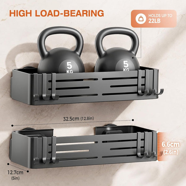 Suction Cup Shower Caddy, No Drill Shower Shelf, Aluminum Rust Proof Bathroom Shower Organizer with 12 Hooks (2-Pack, Gunmetal Gray)5