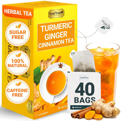 Turmeric Ginger Cinnamon Tea Bags, 40 Ct Caffeine-Free Herbal Tea | Individually Foil-Wrapped for Freshness, 100% Natural Blend, No Sugar, Vegan, Non-Gmo, Warming Golden Cup for Wellness1