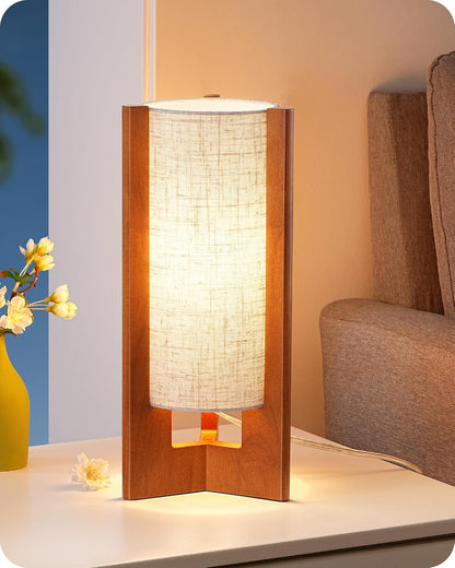 13.5" Small Table Lamp, Walnut Wood Cylinder Nightstand Lamp, E26 | Beige Linen Shade, On-Off Line Switch, Three-Sided Base, Corner Modern Bedside Lamp for Living Room, Bedroom1