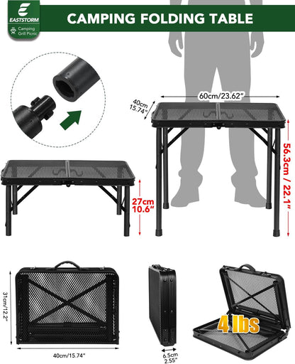 2 Ft Folding Camping Table, Adjustable Height 10.6-22 In, Small Grill Table | Black Metal Mesh,23.6 X 15.8 In,Portable & Compact for Outdoor,Indoor,Picnic,Bbq,Tailgating, with Carry Handle,66 Lb Capacity3