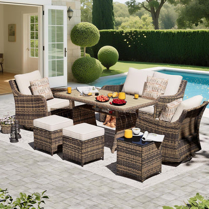 7 Pieces Outdoor Patio Furniture Set with Swivel Chairs, Wicker Patio Conversation Set, Patio Sectional Furniture Set with with Loveseat, 2 Ottomans and Dining Table (Brown)1