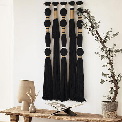 Macrame Wall Hanging Black Spherical Tassel Geometric Wall Art 15.7"W*39"L | Black Wall Art, Boho Style Piece, Modern Home Accent, Bedroom Hanging Decor, for Living Room, Apartment Interior Touch4