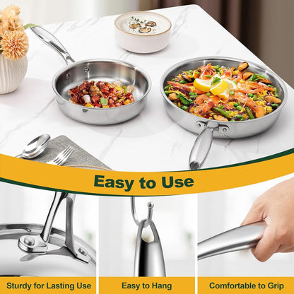 8 & 10 Inch 3-Ply Stainless Steel Frying Pan Skillet, 2 Pieces | Stainless Steel Pan Skillet, Induction Stir-Fry Pan, Oven & All Stoves Safe, Heavy Duty & Even Heat, Dishwasher Safe, Silver7