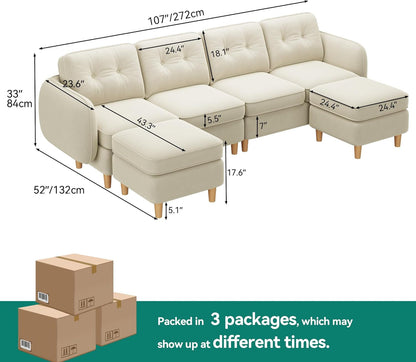 108" U-Shaped Modular Cloud Couch,Deep Seat, Velvet Beige2