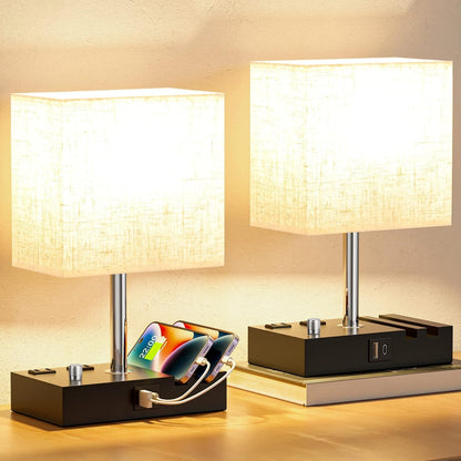 Beige Bedside Table Lamps Set of 2 - Dimmable, USB C+A, 2 AC Outlets6