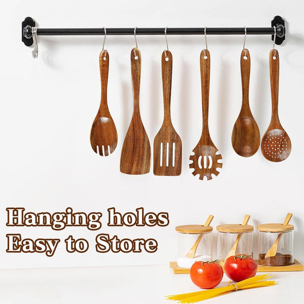 Natural Solid Wooden Utensil Set - 10 Pcs, Non-Stick Wooden Spoons for Cooking, Soft Comfort-Grip Wooden Cooking Utensils Set, Wood Kitchen Utensil Set for Non-Stick Cookware5