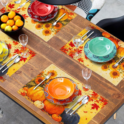 Fall Pumpkin Sunflower Placemats Set of 4 Thanksgiving Autumn Maple Leaf Table Mats Harvest Farmhouse Holiday Place Mats Washable Linen Placemat for Party Kitchen Dining Decor 12X18 Inch7