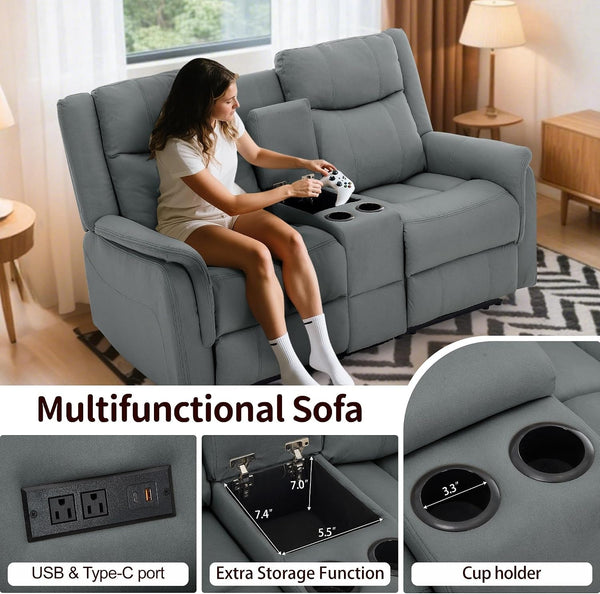 Loveseat Recliner Sofa, Reclining Loveseat Couch, Reclining Couch with Console, USB Port, US Outlets, and Cup Holders, 2-Seater Sofa for Living Room6