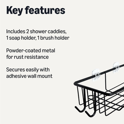 Shower Shelves Organizer，5-Piece Stainless Steel Caddy Set with Soap Holder and Brush Holder, Adhesive Mount, Black2