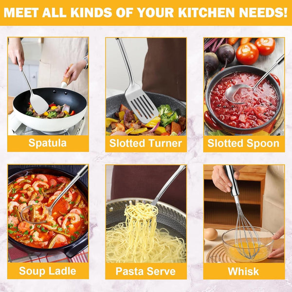 6-Piece Kitchen Cooking Utensils Set, Stainless Steel Kitchen Utensils with Suspendable Handle, Spatula, Slotted Turner, Soup Ladle, Slotted Spoon, Whisk, Pasta Server, Dishwasher Safe3
