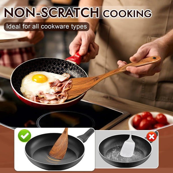 Wooden Spoons for Cooking, 6 Pcs Natural Teak Wooden Kitchen Utensils Set, Cooking Utensils Set with Long & Comfort Grip, Wooden Spoons Spatula Set Perfect for Non-Stick Cookware4