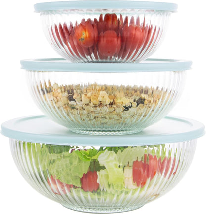 Glass Mixing Bowls with Lids Set of 3(3.7QT, 2.1QT, 1.1Qt),Large Kitchen Salad Bowls, Space-Saving Nesting Bowls, Clear Glass Serving Bowls for Cooking,Baking,Prepping,Dishwasher Safe1