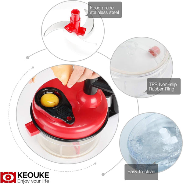 Hand Crank Food Chopper Red - Manual Food Processor with Egg Separator, Labor-Saving, Easy to Clean, Large Vegetable Mixer Blender for Onion, Garlic, Salad, Salsa, Nuts, Meat, Fruit, Etc4