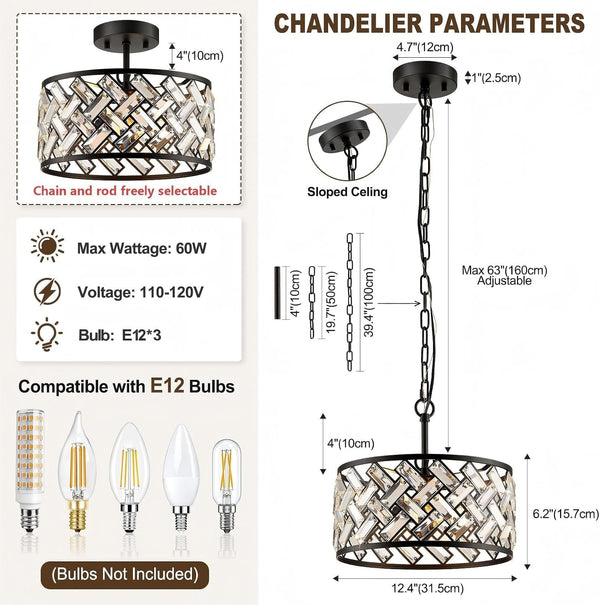 12.4" Black Crystal Chandelier, Morden 3-Light Dining Room Light Fixture6