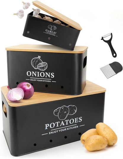 Kitchen Vegetable Storage Set of 3, Metal Onion Garlic Potato Storage Set, Kitchen Canisters Vegetable Keeper Containers with Aerating Holes and Bamboo Lid,Black1