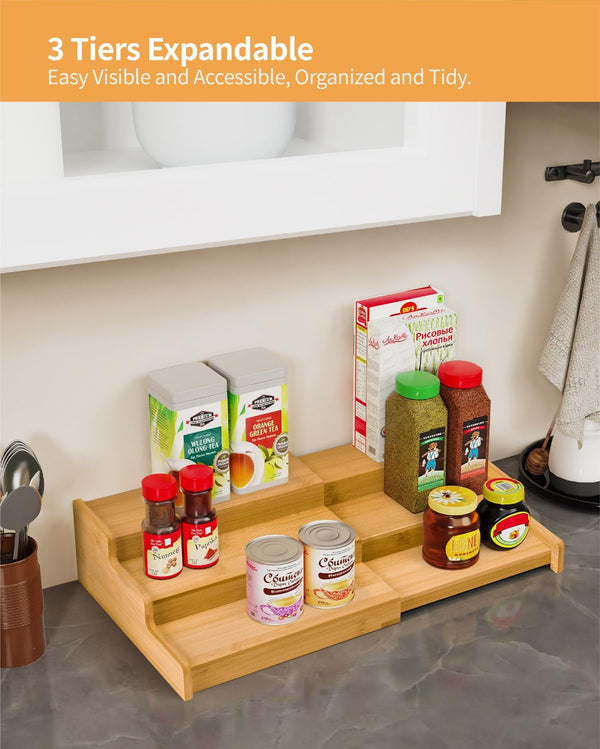 Spice Rack 3-Tier Natural Bamboo, Adjustable Cabinet Organizer Shelf3