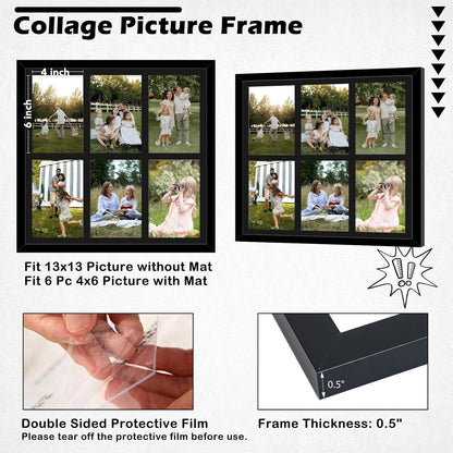 4X6 Picture Frame Collage for Wall, Display 6 Pcs 4X6 Photos with Mat or 13X13 without Mat, 6 Opening Photo Frame for 4 X 6 Pictures with Shatter Resistant Plexiglass, Black Mat, Black2