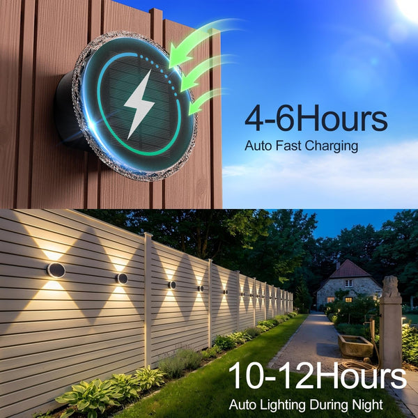 Fence Solar Lights: 360° Circular Lighting Solar Powered Wall Lights 12 Hours Long Runtime up and down Waterproof IP65 & 3 Modes High Brightness LED Focus Lens for Patio/Yard - 4 Pack2