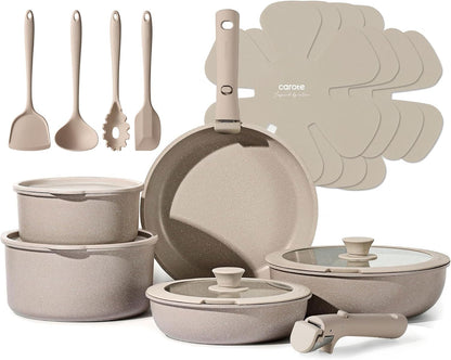 19Pcs Pots and Pans Set Non Stick, Detachable Handle Cookware Sets | Ultra Nonstick, Space Saving, Dishwasher & Oven Safe, Non-Toxic Kitchen/Apartment/Camping/Rv/ Traveling, Taupe1