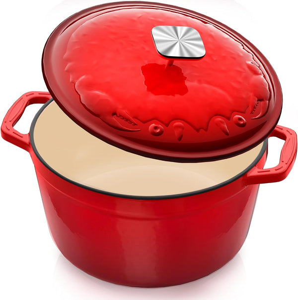 Enameled Cast Iron Dutch Oven - 5 Quart, Crab Lid (Patented), Oversized Knob, for Bread Baking Braiser, Cooking Stock Pot - Red1