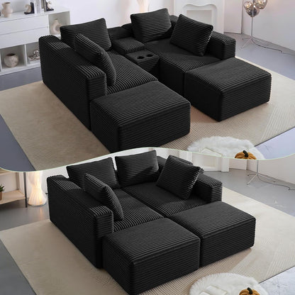 125" Oversized Sectional Couches for Living Room, Modern Boneless Cloud Couch with Ottoman,Usb Port&Cup Holders, Comfy Corduroy Modular Sectional U Shape Sofa Couch for Apartment,Black Couch in a Box6