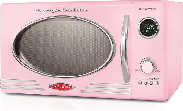 Retro Countertop Microwave Oven - Large 800-Watt - 0.9 Cu Ft - 12 Pre-Programmed Cooking Settings - Digital Clock - Kitchen Appliances - Pink & Retro Wide 2-Slice Toaster, Vintage Design2