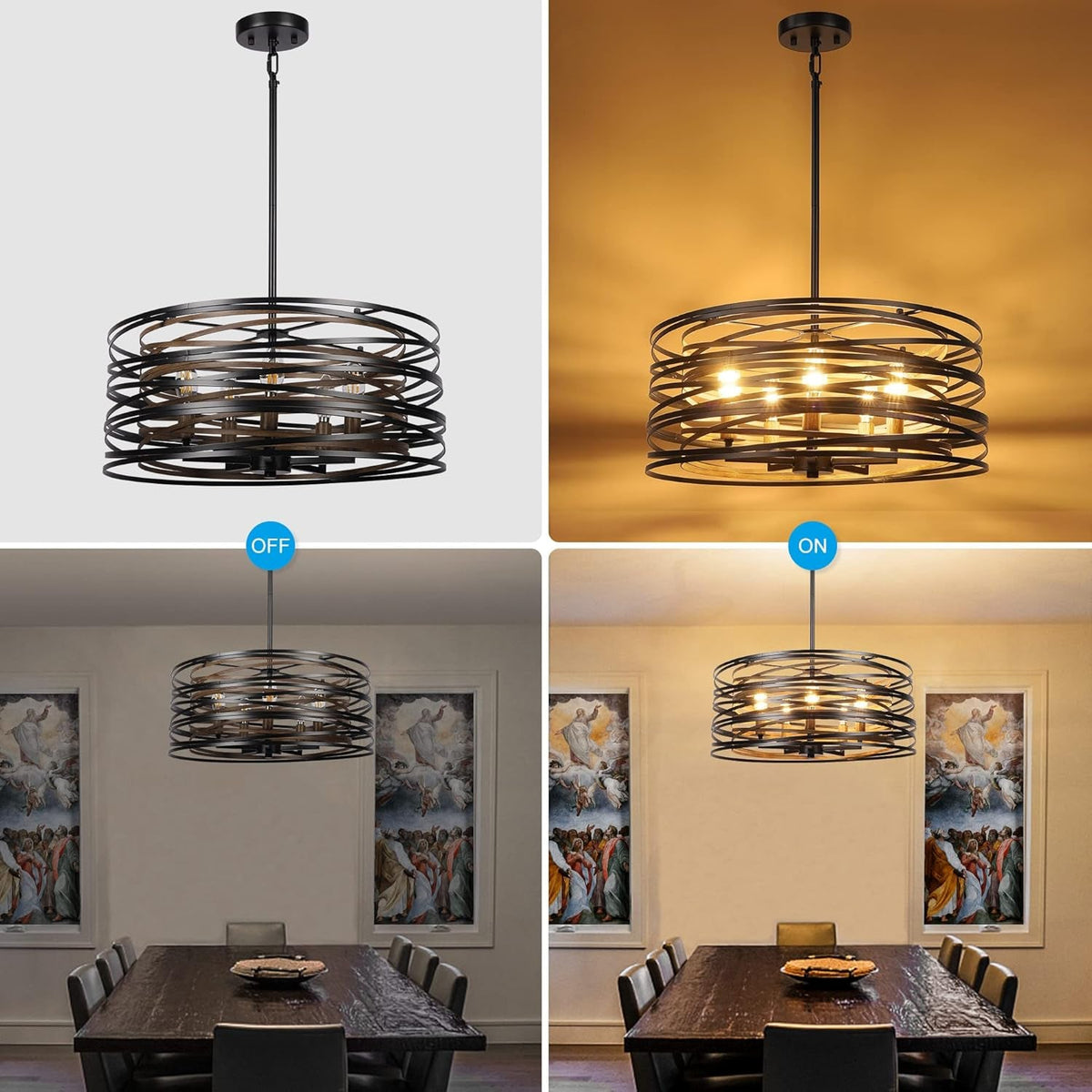19-7-farmhouse-dining-room-light-fixture-5-light-metal-drum-chandelier-black-with-retro-wood-texture-interior