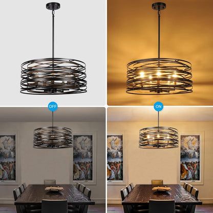 19.7'' Farmhouse Dining Room Light Fixture, 5-Light Metal Drum Chandelier, Black with Retro Wood Texture Interior5