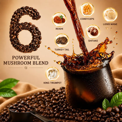 Mushroom Coffee, Instant Coffee Blend with 6 Adaptogenic Mushrooms (Lion'S Mane, Reishi, Cordyceps, Shiitake, King Trumpet & Turkey Tail) for Energy, Digestion & Immune Support, 30 Servings3