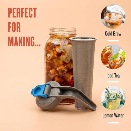 64Oz Cold Brew Coffee Maker with Leak Proof Lid - Gray | Glass Cold Brew Coffee Maker - Wide Mouth Mason Jar, Stainless Steel Filter & Leak-Proof Lid (64 Oz)8