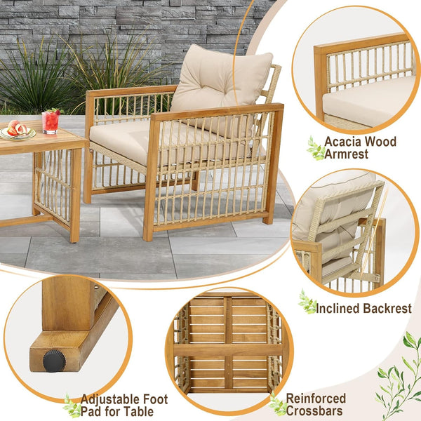 3 Pieces Acacia Wood Patio Furniture Set, PE Wicker Bistro Set with Cushioned Chairs and Coffee Table, Outdoor Conversation Set for Porch, Deck, Balcony, Backyard (Beige)8