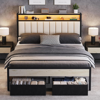 Queen Bed Frame with LED Lights & 2-Tier Storage Headboard1