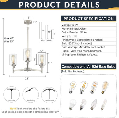 3 Light Brushed Nickel Chandeliers for Dining Room Light Fixture over Table5