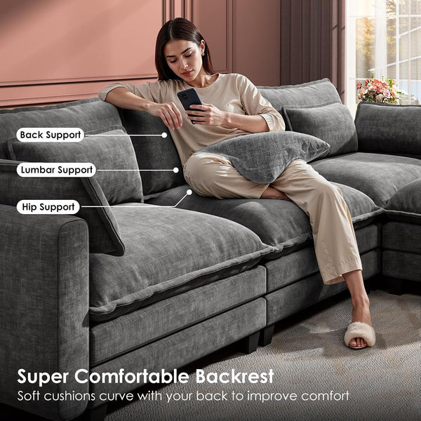 Modular Sectional Sofa 110.6" U-Shaped Modern Comfy Cloud Couch, 5-Seat Chenille Deep Seat Sofa with Throw Pillow & Movable Ottoman for Living Room, Bedroom and Apartment, Slate Gray4