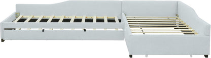 L Shaped Twin Corner Bed for 2 Kids, Upholstered Double Twin Platform Bedframe with Trundle and Drawer, Bluish6