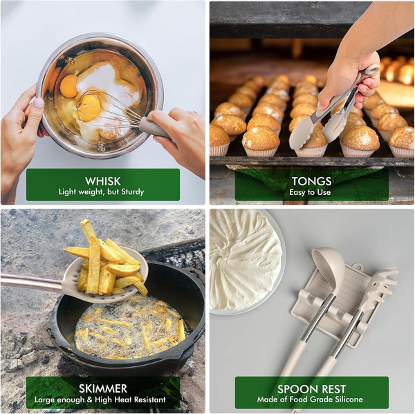 446°F Heat Resistant Silicone Kitchen Utensils, Cooking Utensil Set, Spatula Set, BPA Free, Kitchen Gadgets, with Stainless Steel Utensils Holder, Dishwasher Safe 14Pcs Khaki7