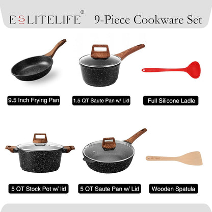Nonstick Cookware Sets, 9 Pcs Granite Coating Pots and Pans Set Kitchen Cooking Set, Compatible with All Stovetops (Gas, Electric & Induction), PFOA Free, Black2