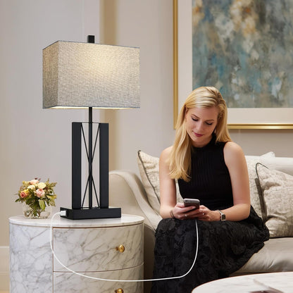 25" Table Lamps Set of 2, Modern Table Lamp for Living Room with 2 USB Charging Ports, Nightstand Geometric Industrial Bedside Lamp with Gray Shade for Bedrooms End Table Decor, Bulbs Included2