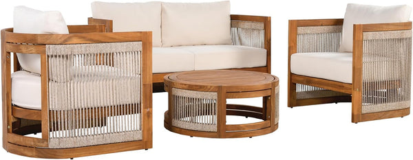 Nesbit 4 Pieces Conversation Set, Acacia Wood Chat Set, Woven Rope Loveseat and Accent Chairs, Slat Panel Coffee Table, Patio Furniture Set for Backyard Balcony Garden, Beige7