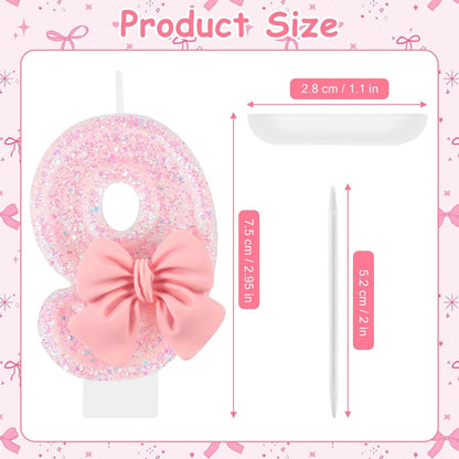 Pink Birthday Candle Bow Number 9 Candle Cake Topper Cupcake Decor 9Th Birthday Party Decorations Anniversary Celebrations Supplies Favors3